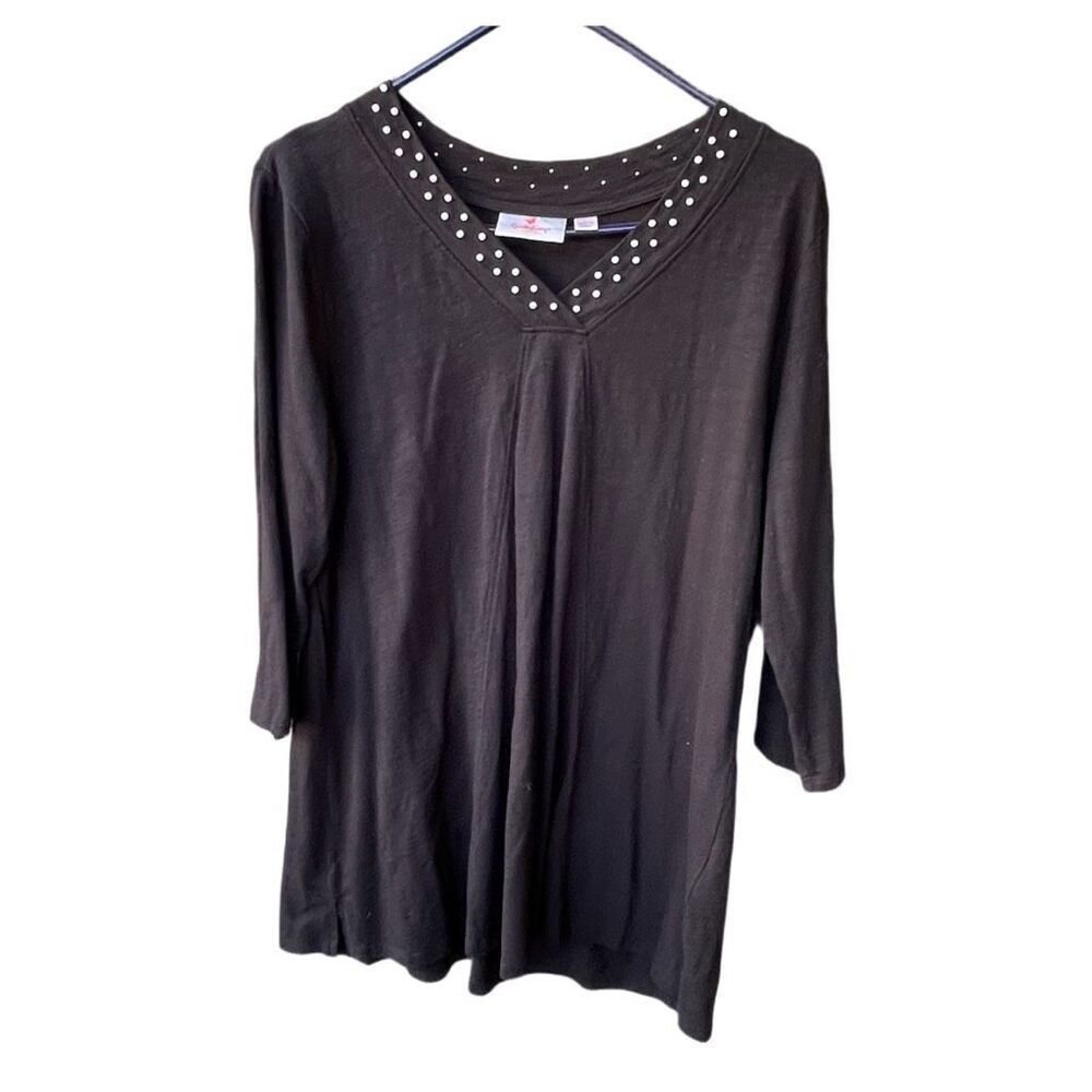 Quacker Factory size L black tunic pearl trimmed neckline.